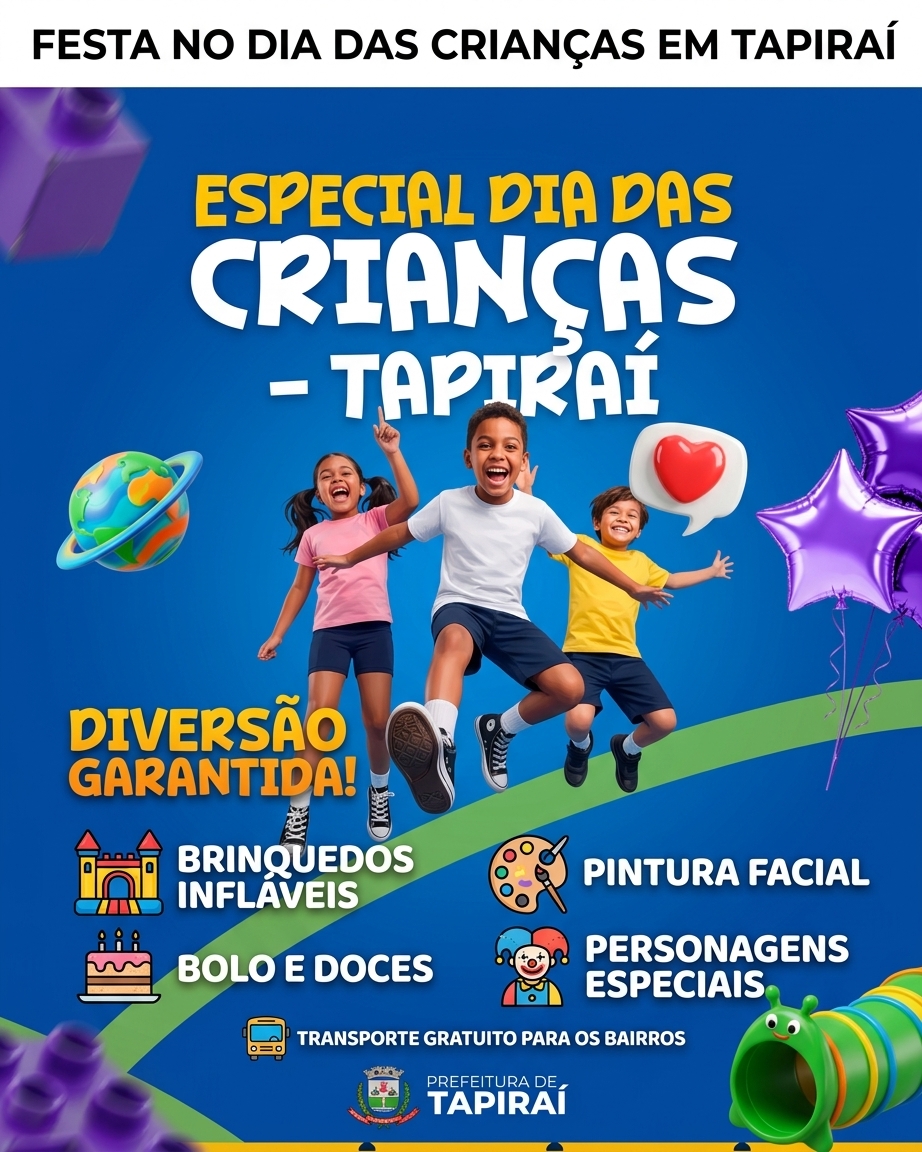 Prefeitura de Tapiraí promove evento gratuito em comemoração ao Dia das Crianças no dia 11 de outubro